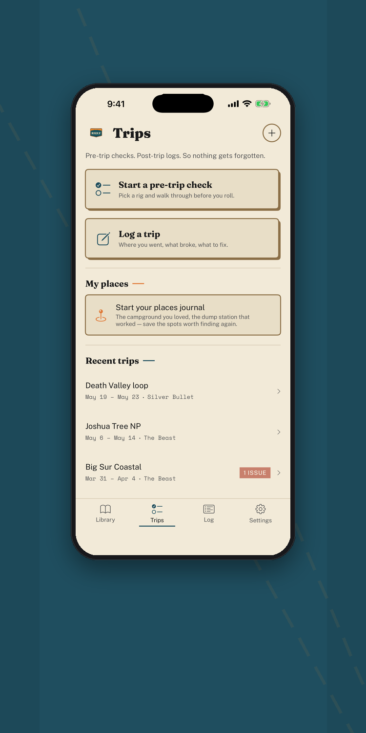 Rigly Trip Mode showing pre-trip check + log a trip cards