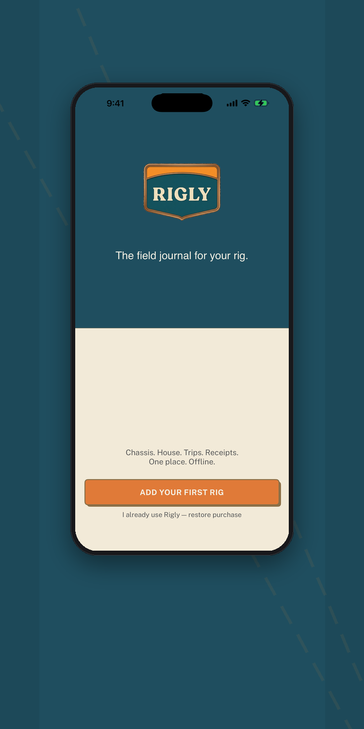 Rigly welcome screen with the vintage road-shield mark